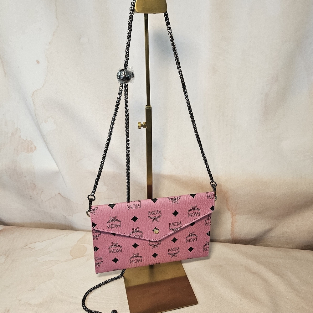 MCM Parfum Pink Envelope Clutch with Black Monogram💗Bonus Chain And Insert!